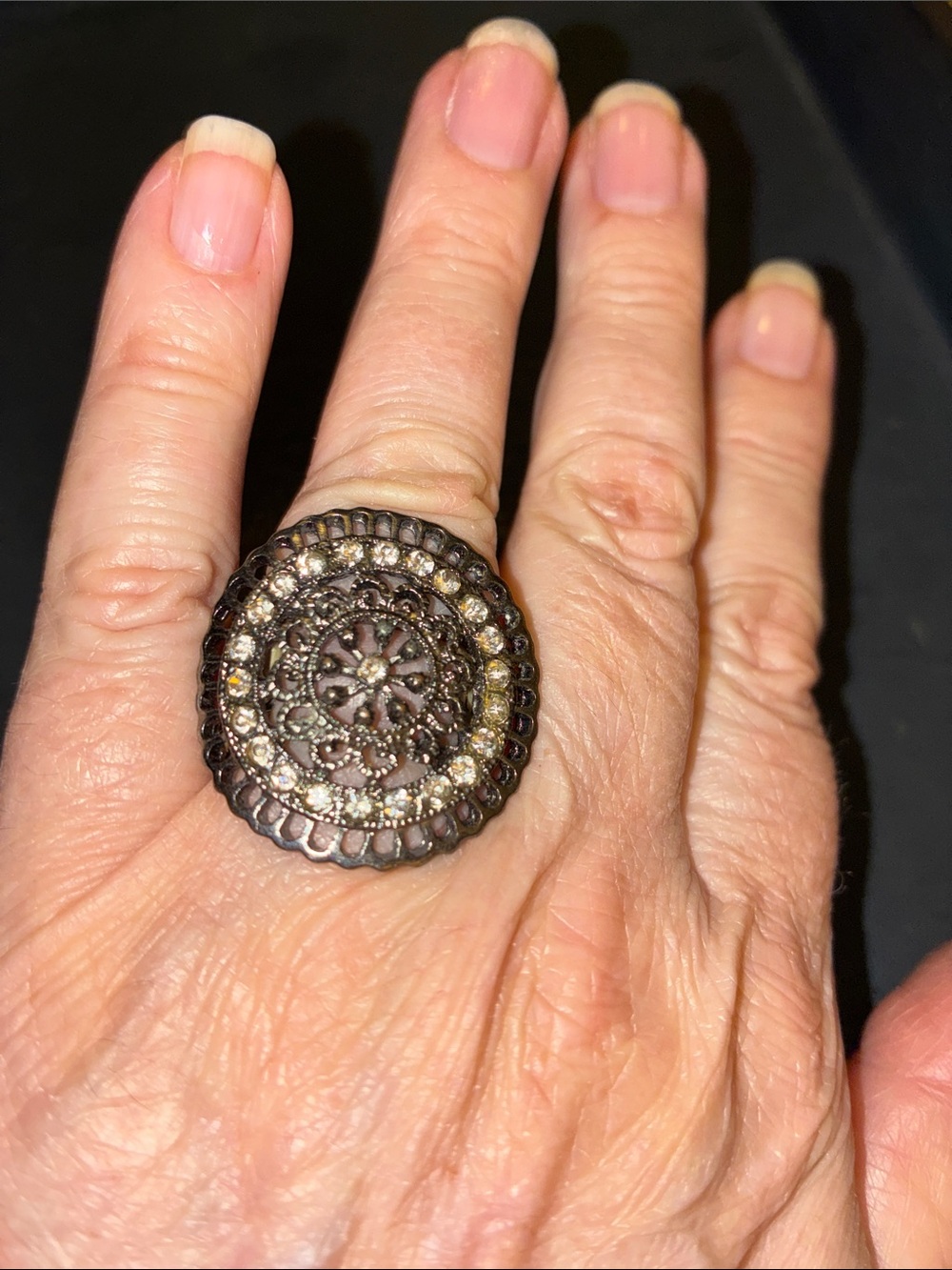 Round Statement Stretch Ring in Antique Bronze with Champagne Crystals